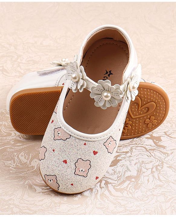 Cute Walk by Babyhug Velcro Closer Ballerina with Floral Applique & Bear Print - White