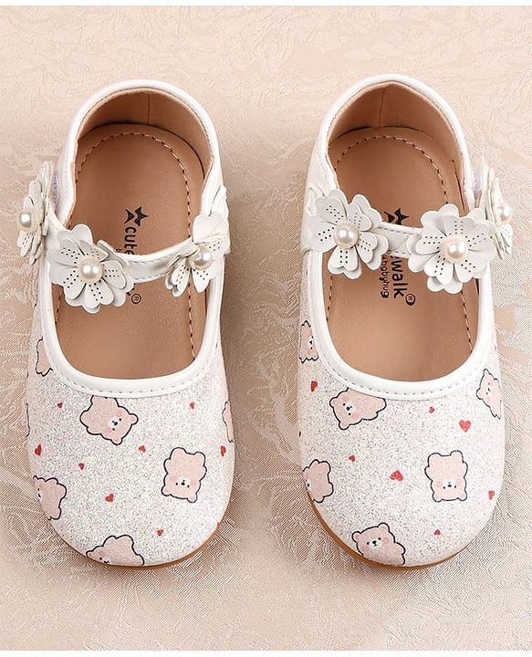 Cute Walk by Babyhug Velcro Closer Ballerina with Floral Applique & Bear Print - White