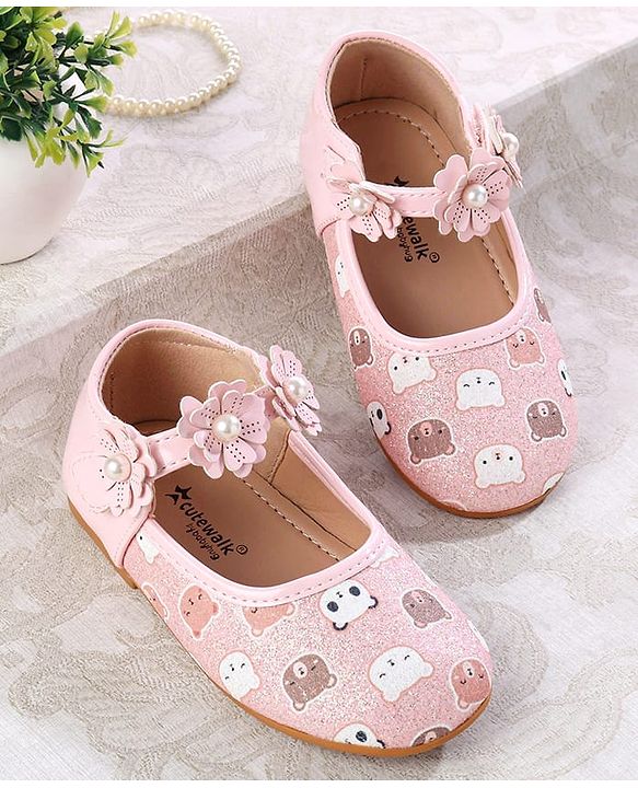 Cute Walk by Babyhug Velcro Closer Ballerina with Floral Applique & Bear Print - White