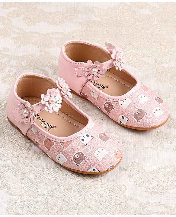 Cute Walk by Babyhug Velcro Closer Ballerina with Floral Applique & Bear Print - White