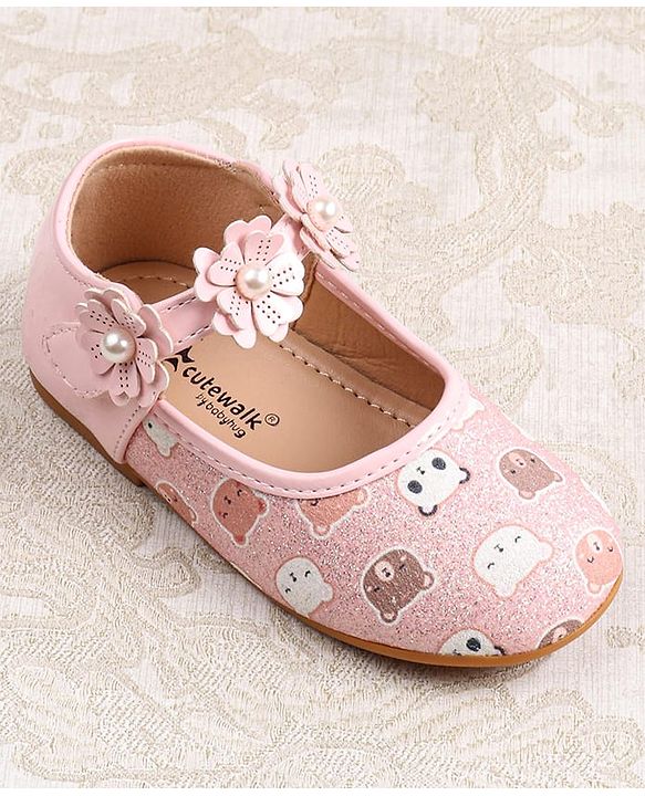 Cute Walk by Babyhug Velcro Closer Ballerina with Floral Applique & Bear Print - White