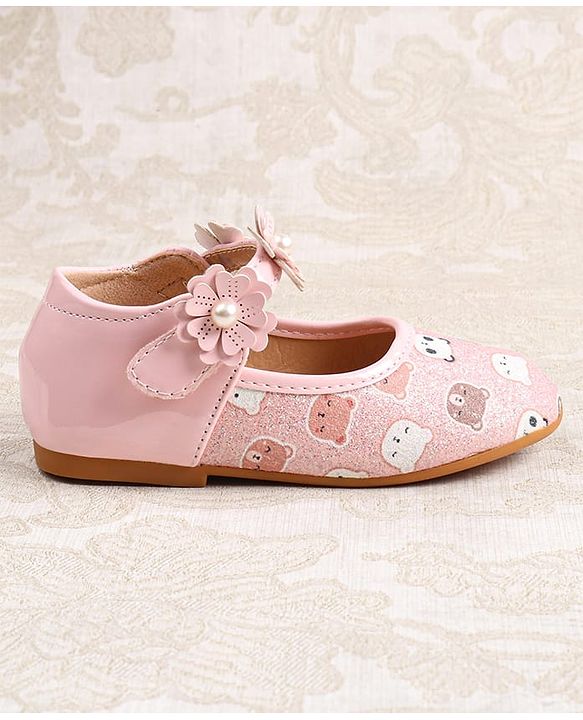 Cute Walk by Babyhug Velcro Closer Ballerina with Floral Applique & Bear Print - White