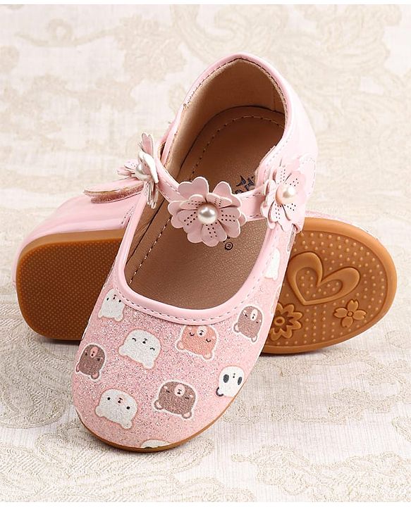 Cute Walk by Babyhug Velcro Closer Ballerina with Floral Applique & Bear Print - White
