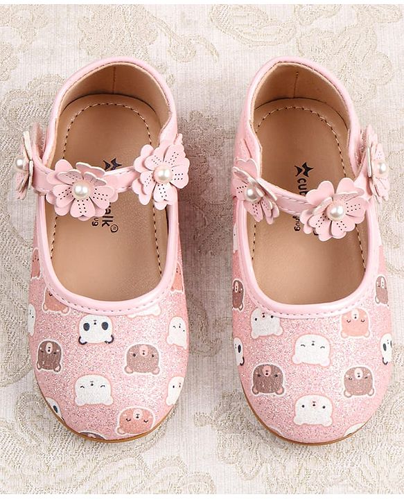 Cute Walk by Babyhug Velcro Closer Ballerina with Floral Applique & Bear Print - White