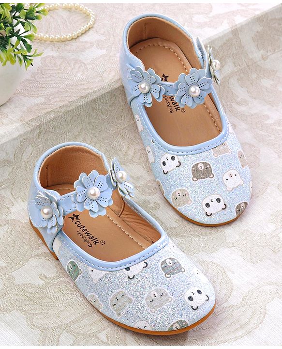 Cute Walk by Babyhug Velcro Closer Ballerina with Floral Applique & Bear Print - White
