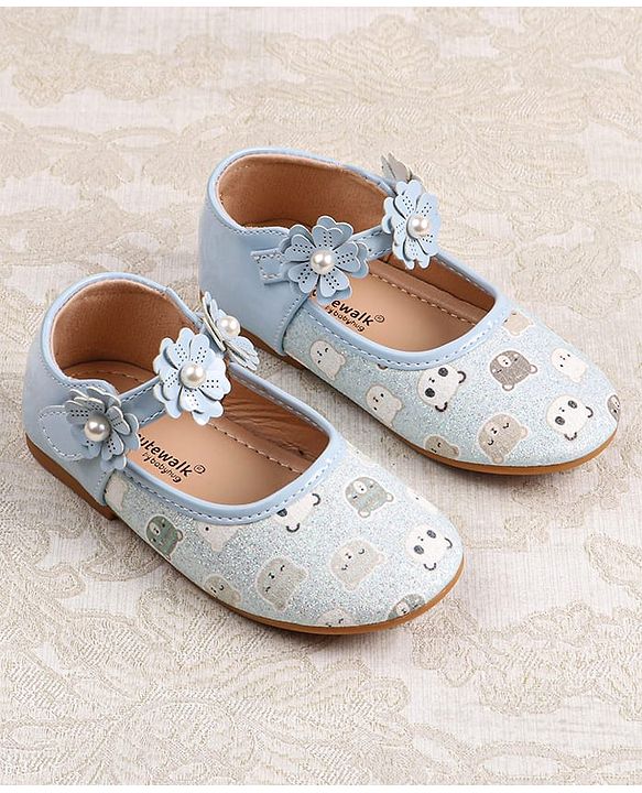 Cute Walk by Babyhug Velcro Closer Ballerina with Floral Applique & Bear Print - White