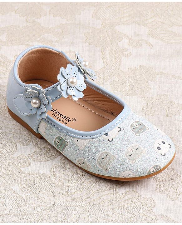 Cute Walk by Babyhug Velcro Closer Ballerina with Floral Applique & Bear Print - White