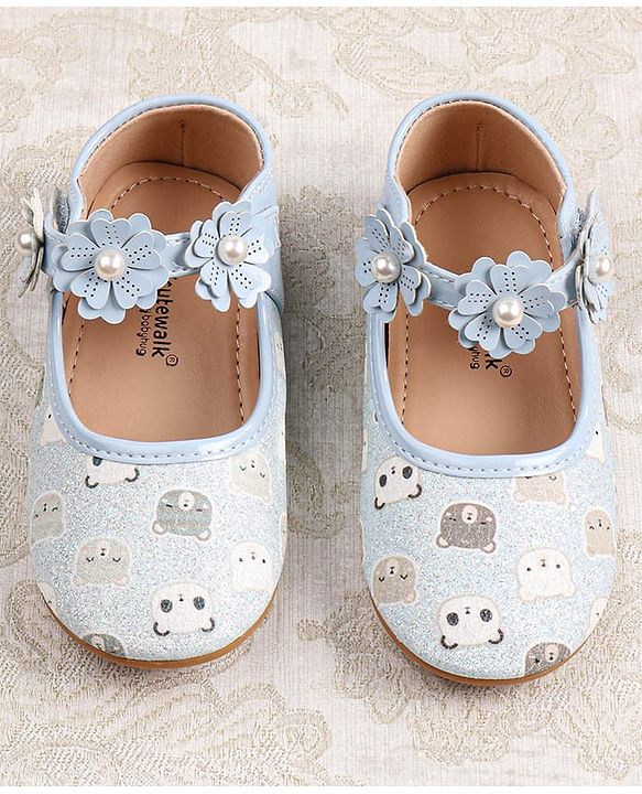 Cute Walk by Babyhug Velcro Closer Ballerina with Floral Applique & Bear Print - White