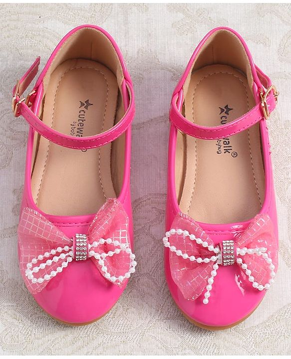 Cute Walk by Babyhug Clip Closure Ballerina with Bow Applique & Pearl Detailing - Fuchsia