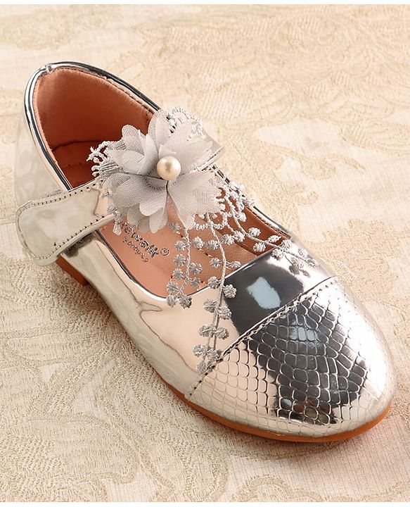 Cute Walk by Babyhug Mettalic Ballerina with Velcro Closure & Floral Applique - Silver
