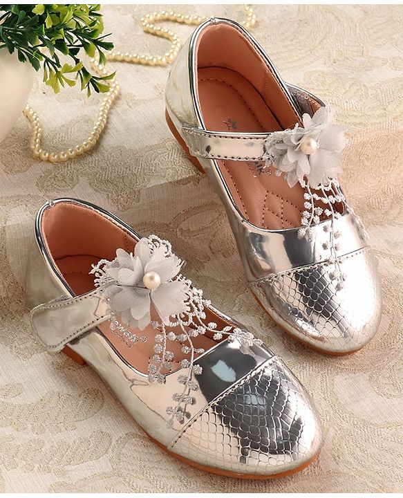 Cute Walk by Babyhug Mettalic Ballerina with Velcro Closure & Floral Applique - Silver