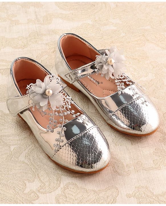 Cute Walk by Babyhug Mettalic Ballerina with Velcro Closure & Floral Applique - Silver