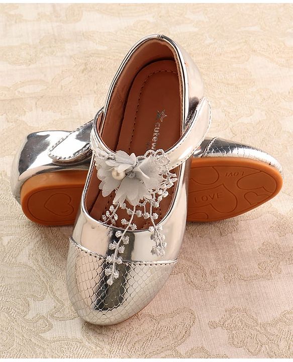 Cute Walk by Babyhug Mettalic Ballerina with Velcro Closure & Floral Applique - Silver