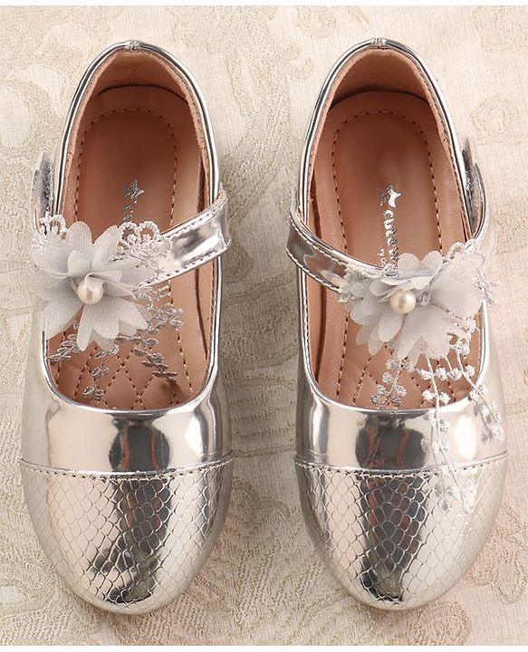 Cute Walk by Babyhug Mettalic Ballerina with Velcro Closure & Floral Applique - Silver