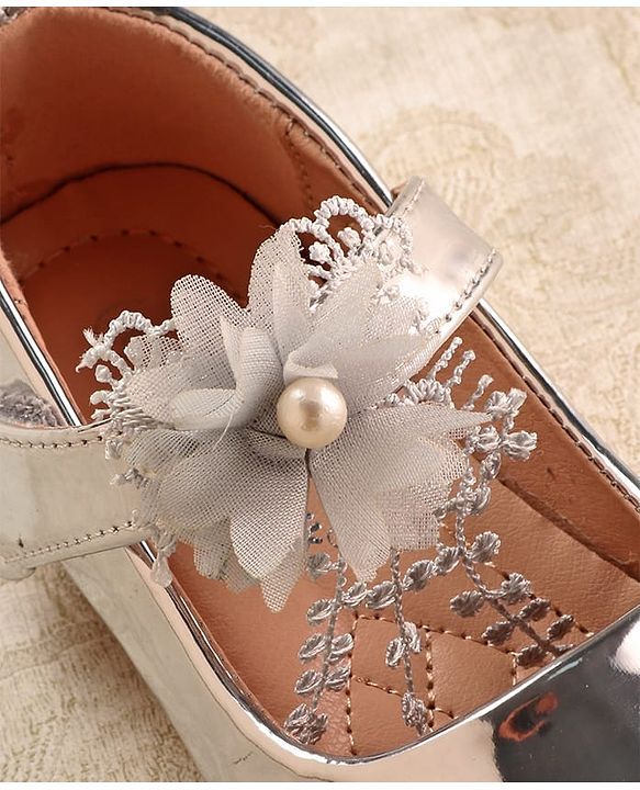 Cute Walk by Babyhug Mettalic Ballerina with Velcro Closure & Floral Applique - Silver
