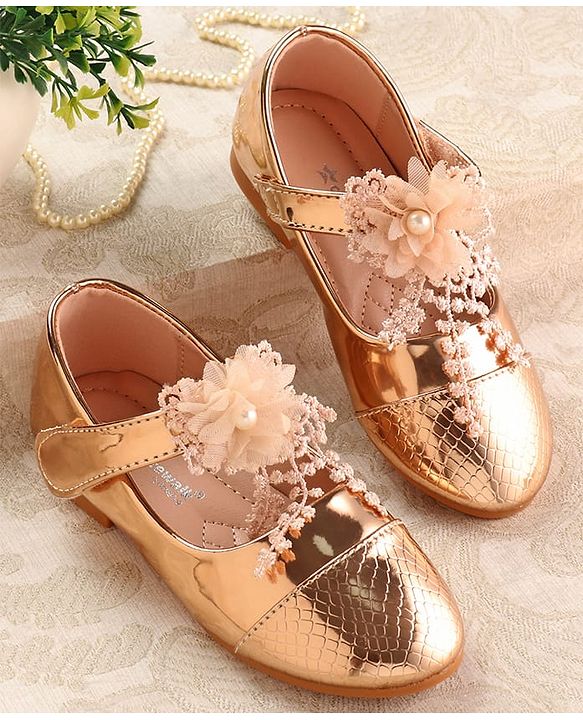 Cute Walk by Babyhug Metallic Ballerina with Velcro Closure & Floral Applique - Rose Gold