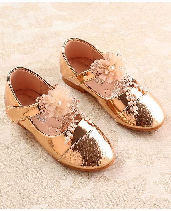 Cute Walk by Babyhug Metallic Ballerina with Velcro Closure & Floral Applique - Rose Gold