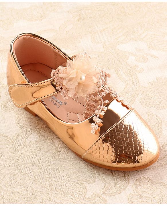 Cute Walk by Babyhug Metallic Ballerina with Velcro Closure & Floral Applique - Rose Gold