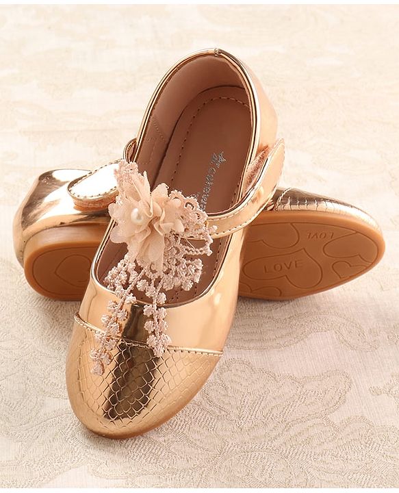 Cute Walk by Babyhug Metallic Ballerina with Velcro Closure & Floral Applique - Rose Gold