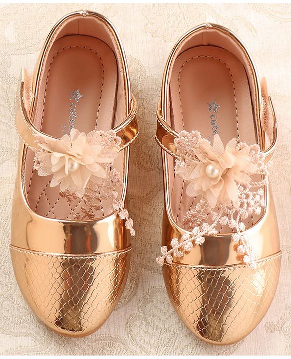 Cute Walk by Babyhug Metallic Ballerina with Velcro Closure & Floral Applique - Rose Gold