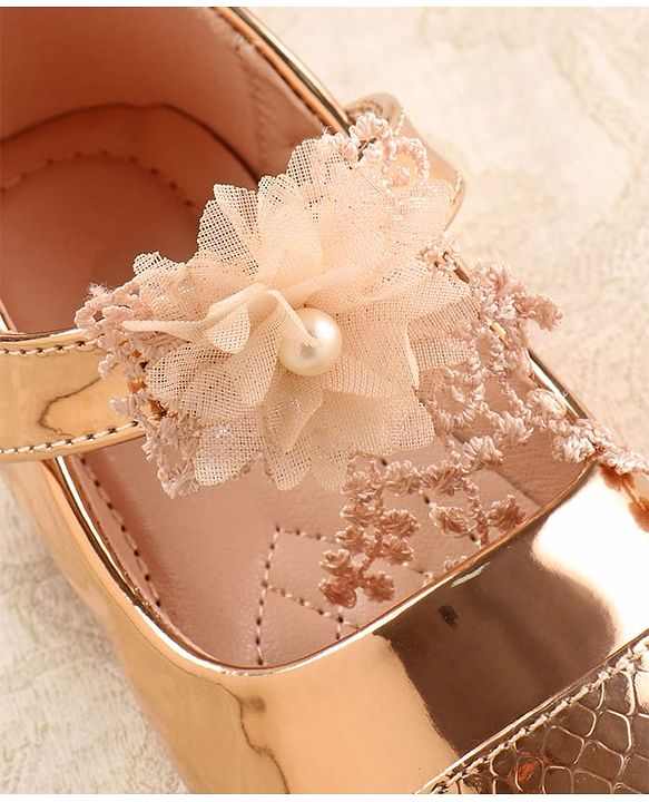 Cute Walk by Babyhug Metallic Ballerina with Velcro Closure & Floral Applique - Rose Gold