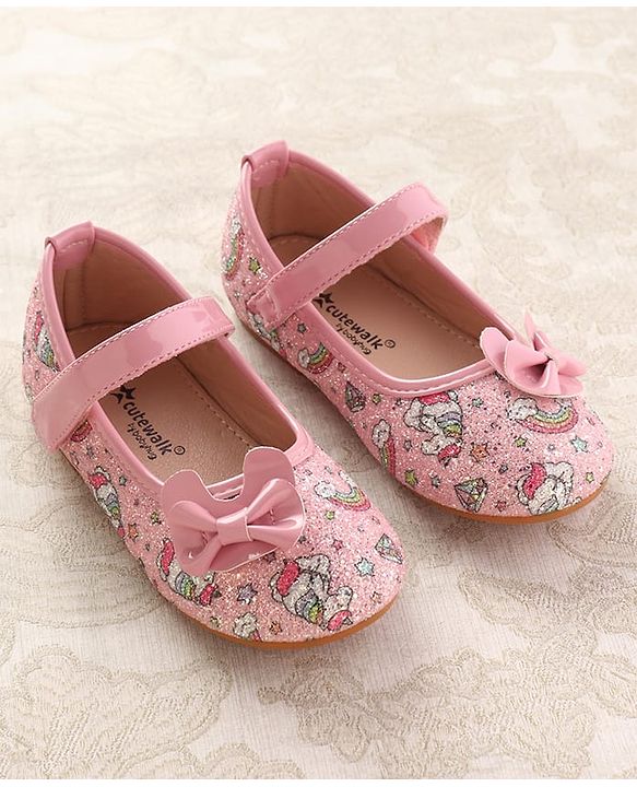 Cute Walk by Babyhug Velcro Closure Ballerinas with Glitter Unicorn Print & Bow Applique - Pink