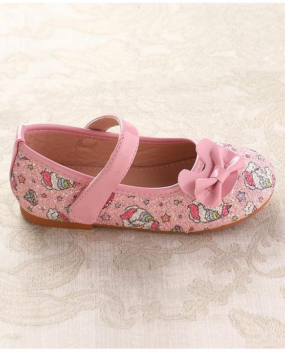 Cute Walk by Babyhug Velcro Closure Ballerinas with Glitter Unicorn Print & Bow Applique - Pink