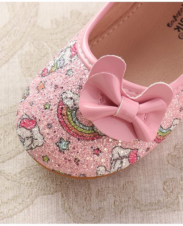 Cute Walk by Babyhug Velcro Closure Ballerinas with Glitter Unicorn Print & Bow Applique - Pink
