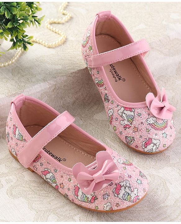 Cute Walk by Babyhug Velcro Closure Ballerinas with Glitter Unicorn Print & Bow Applique - Pink
