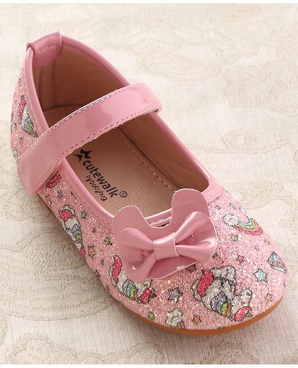 Cute Walk by Babyhug Velcro Closure Ballerinas with Glitter Unicorn Print & Bow Applique - Pink
