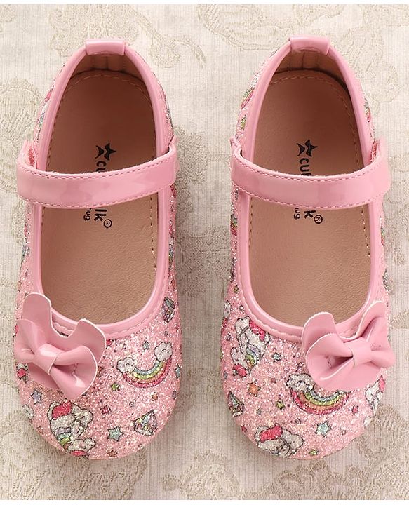 Cute Walk by Babyhug Velcro Closure Ballerinas with Glitter Unicorn Print & Bow Applique - Pink