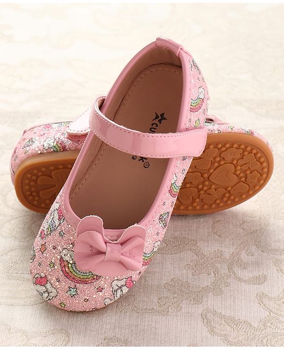 Cute Walk by Babyhug Velcro Closure Ballerinas with Glitter Unicorn Print & Bow Applique - Pink