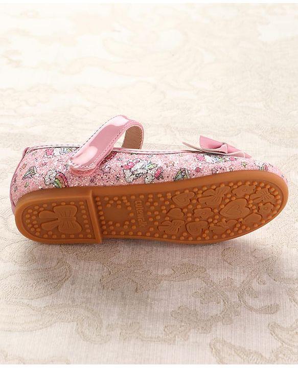 Cute Walk by Babyhug Velcro Closure Ballerinas with Glitter Unicorn Print & Bow Applique - Pink