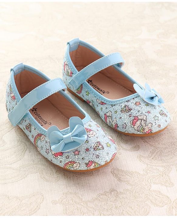 Cute Walk by Babyhug Velcro Closure Ballerinas with Glitter Unicorn Print & Bow Applique - Pink