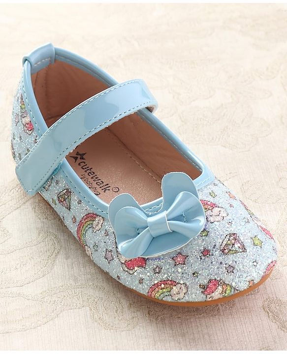 Cute Walk by Babyhug Velcro Closure Ballerinas with Glitter Unicorn Print & Bow Applique - Pink