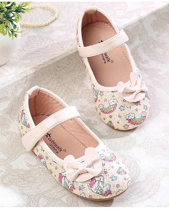 Cute Walk by Babyhug Velcro Closure Ballerinas with Glitter Unicorn Print & Bow Applique - Pink