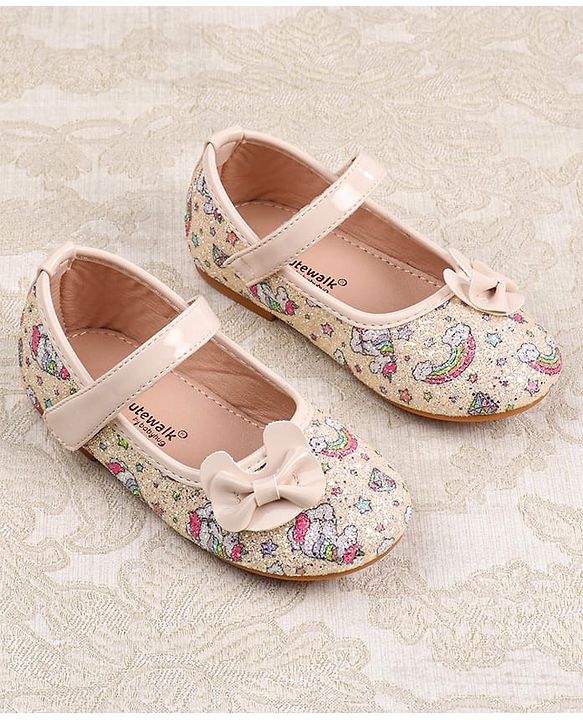 Cute Walk by Babyhug Velcro Closure Ballerinas with Glitter Unicorn Print & Bow Applique - Pink