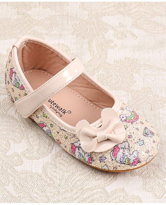 Cute Walk by Babyhug Velcro Closure Ballerinas with Glitter Unicorn Print & Bow Applique - Pink