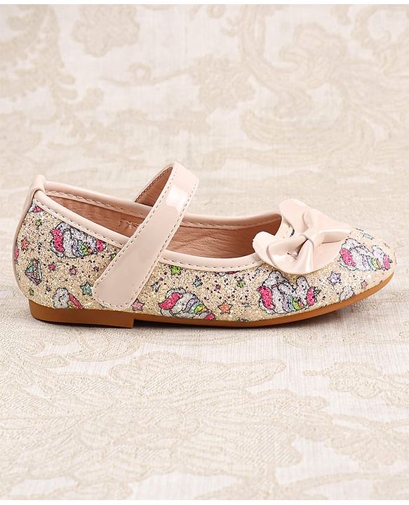 Cute Walk by Babyhug Velcro Closure Ballerinas with Glitter Unicorn Print & Bow Applique - Pink