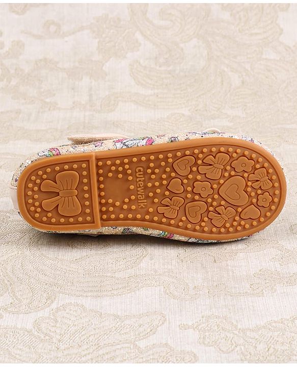 Cute Walk by Babyhug Velcro Closure Ballerinas with Glitter Unicorn Print & Bow Applique - Pink