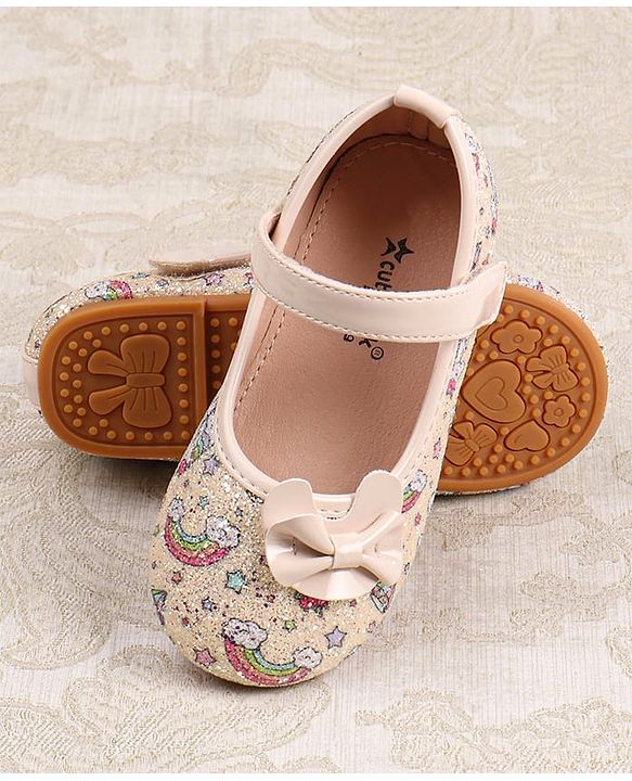 Cute Walk by Babyhug Velcro Closure Ballerinas with Glitter Unicorn Print & Bow Applique - Pink