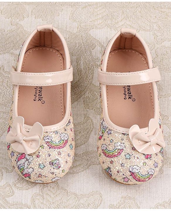 Cute Walk by Babyhug Velcro Closure Ballerinas with Glitter Unicorn Print & Bow Applique - Pink