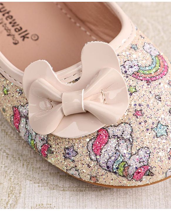 Cute Walk by Babyhug Velcro Closure Ballerinas with Glitter Unicorn Print & Bow Applique - Pink
