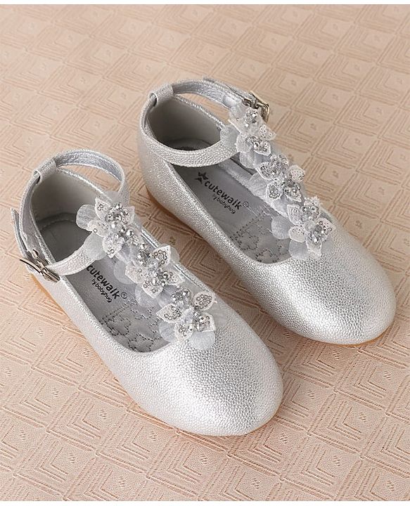 Cute Walk by Babyhug Clip Closure Ballerina with Floral Applique  - Silver