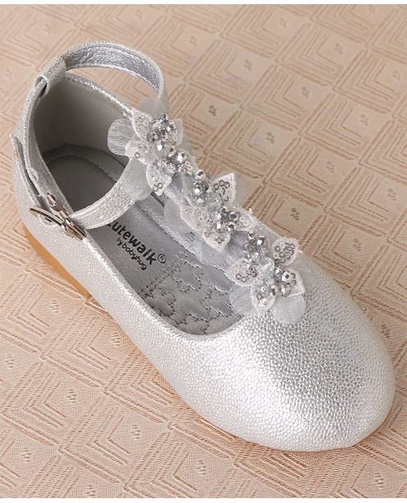 Cute Walk by Babyhug Clip Closure Ballerina with Floral Applique  - Silver