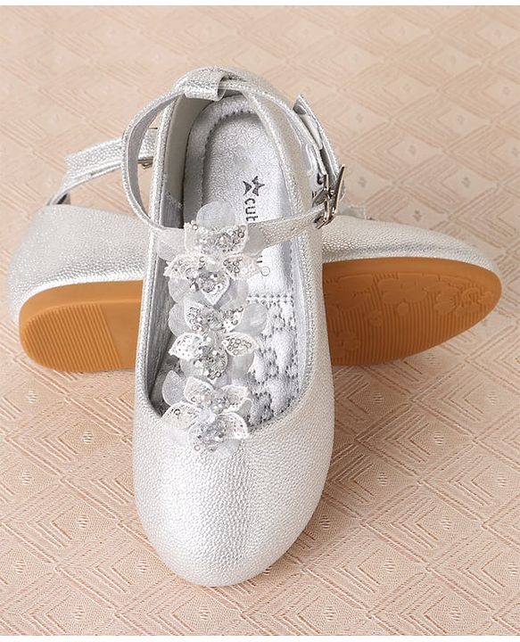 Cute Walk by Babyhug Clip Closure Ballerina with Floral Applique  - Silver