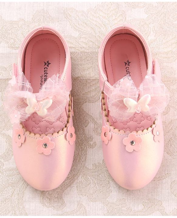 Cute Walk by Babyhug Velcro Closure Ballerina with Butterfly & Floral Applique - Pink