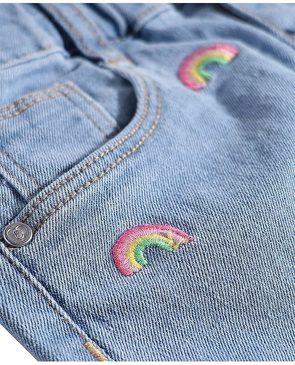 Babyhug Mid Thigh Denim Shorts With Stretch & Rainbow Embroidery - Light Blue