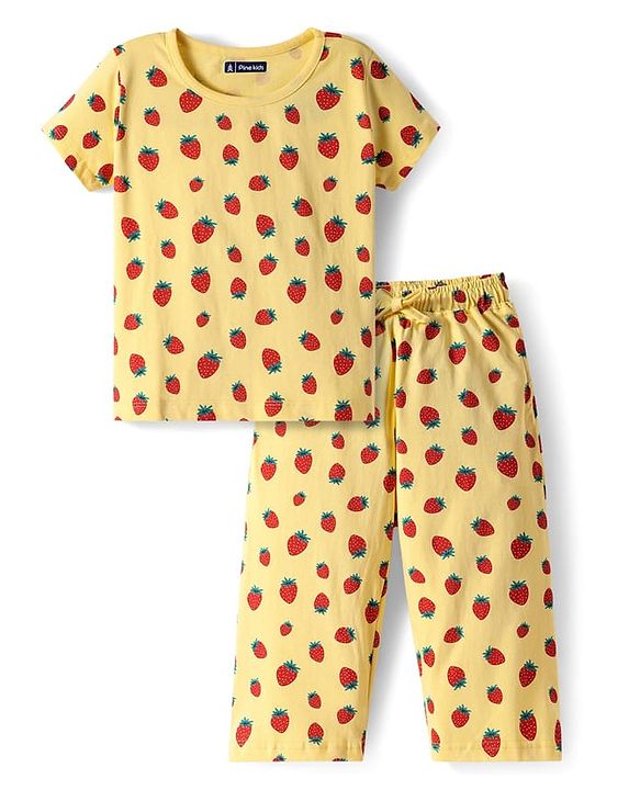 Pine Kids Cotton Half Sleeves Capri Nightsuit with Strawberry Print - Yellow