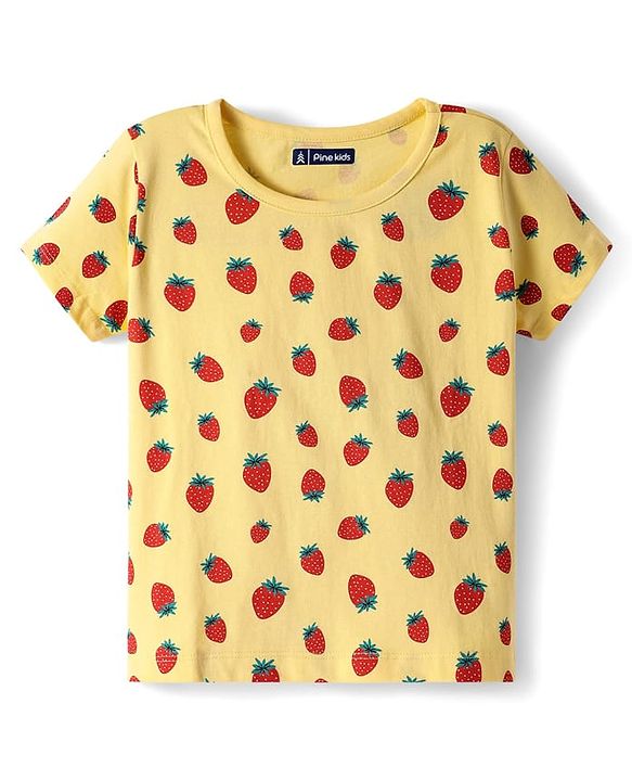 Pine Kids Cotton Half Sleeves Capri Nightsuit with Strawberry Print - Yellow